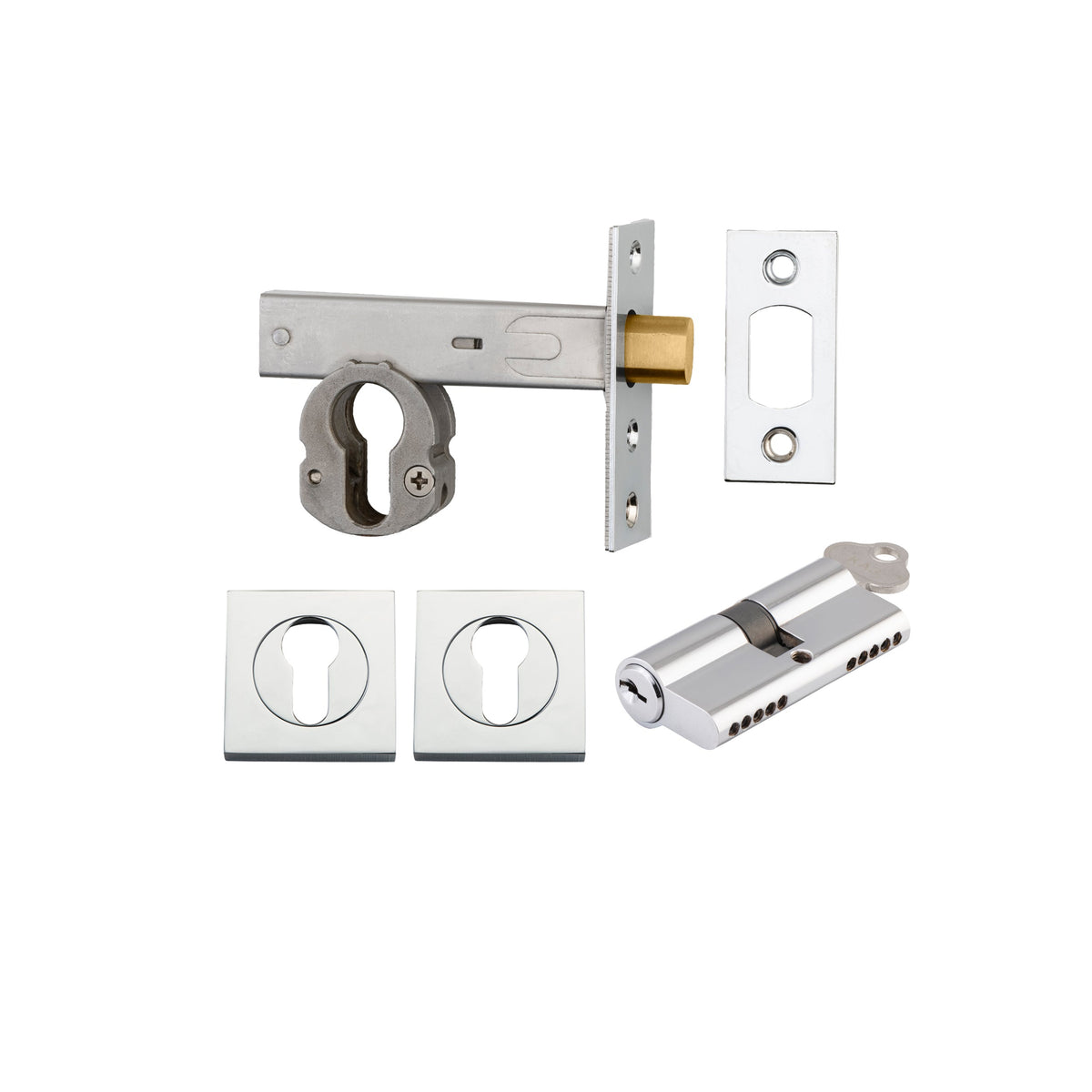 Euro Mortice Deadbolt Polished Chrome Key/Key Escutcheon Square Kit 70mm