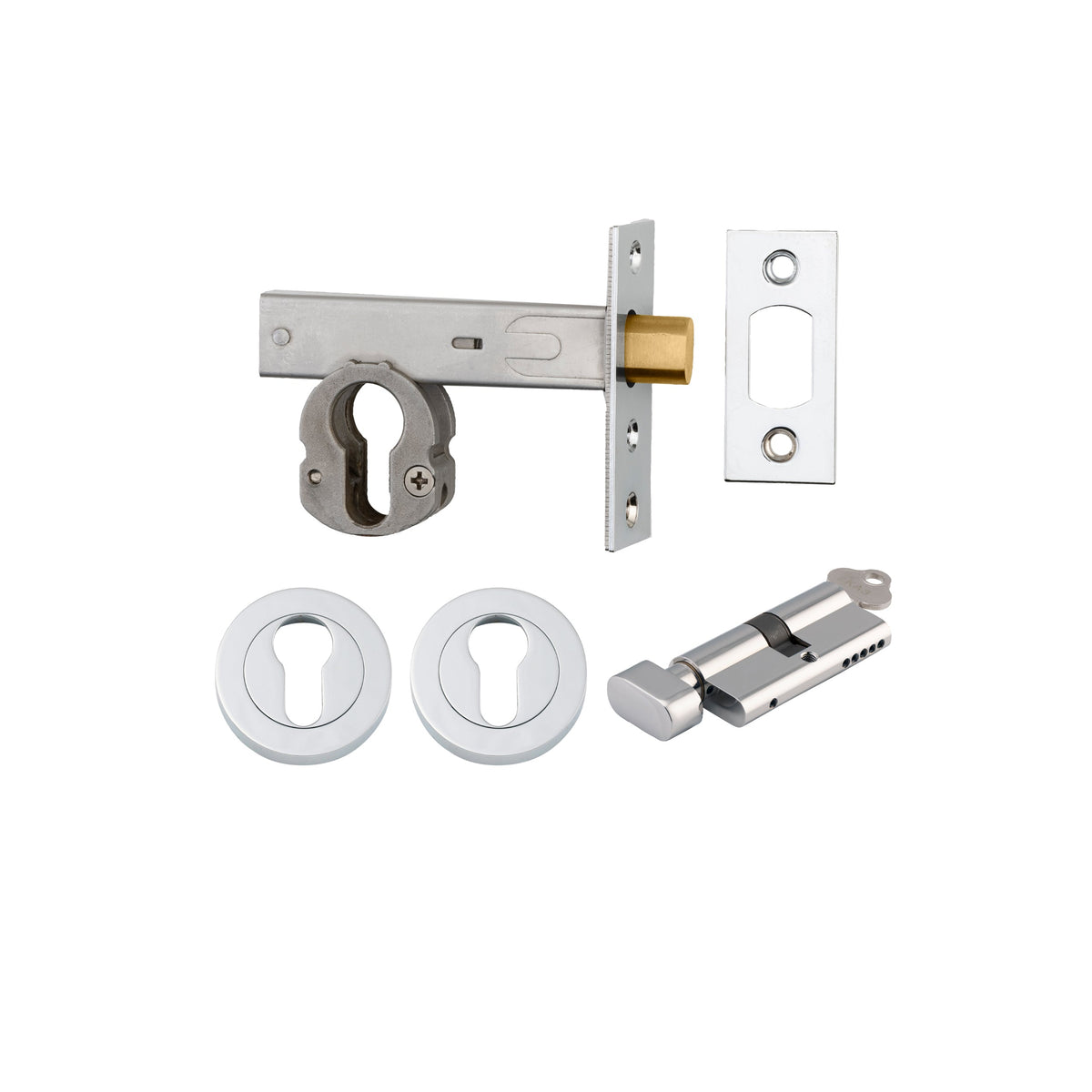 Euro Mortice Deadbolt Polished Chrome Key/Thumb Escutcheon Round Kit 60mm