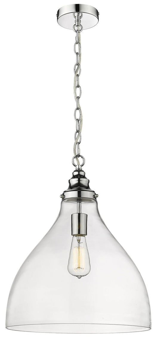 Large clear glass shade on chrome chain suspension