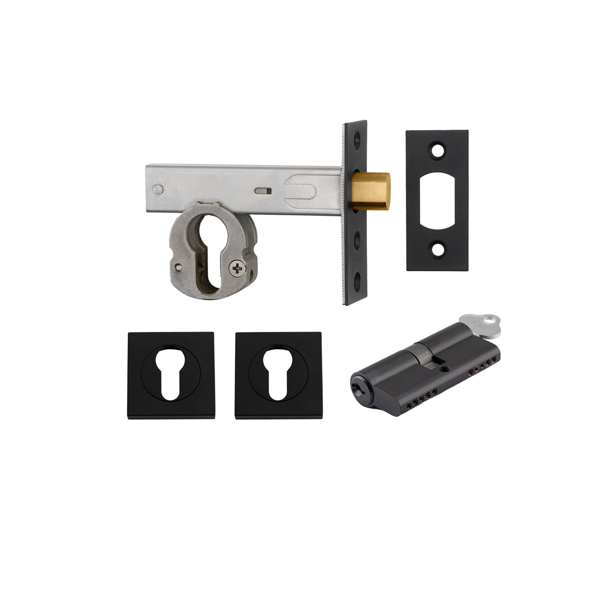 Euro Mortice Deadbolt Matt Black Key/Key Escutcheon Square Kit 70mm