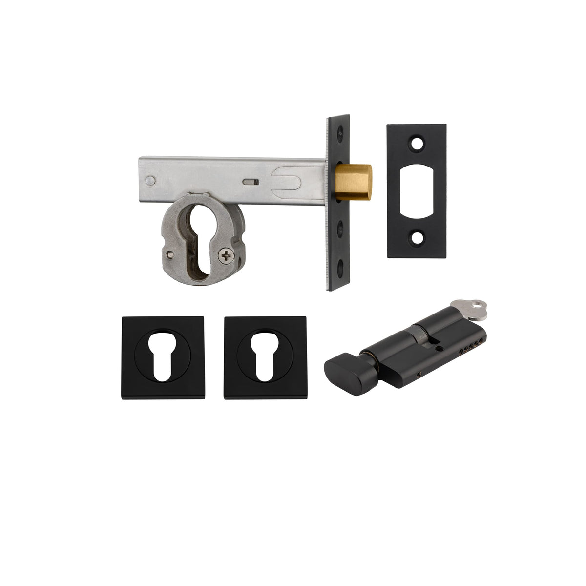 Euro Mortice Deadbolt Matt Black Key/Thumb Escutcheon Square Kit 60mm