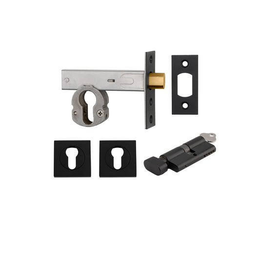 Euro Mortice Deadbolt Matt Black Key/Thumb Escutcheon Square Kit 60mm